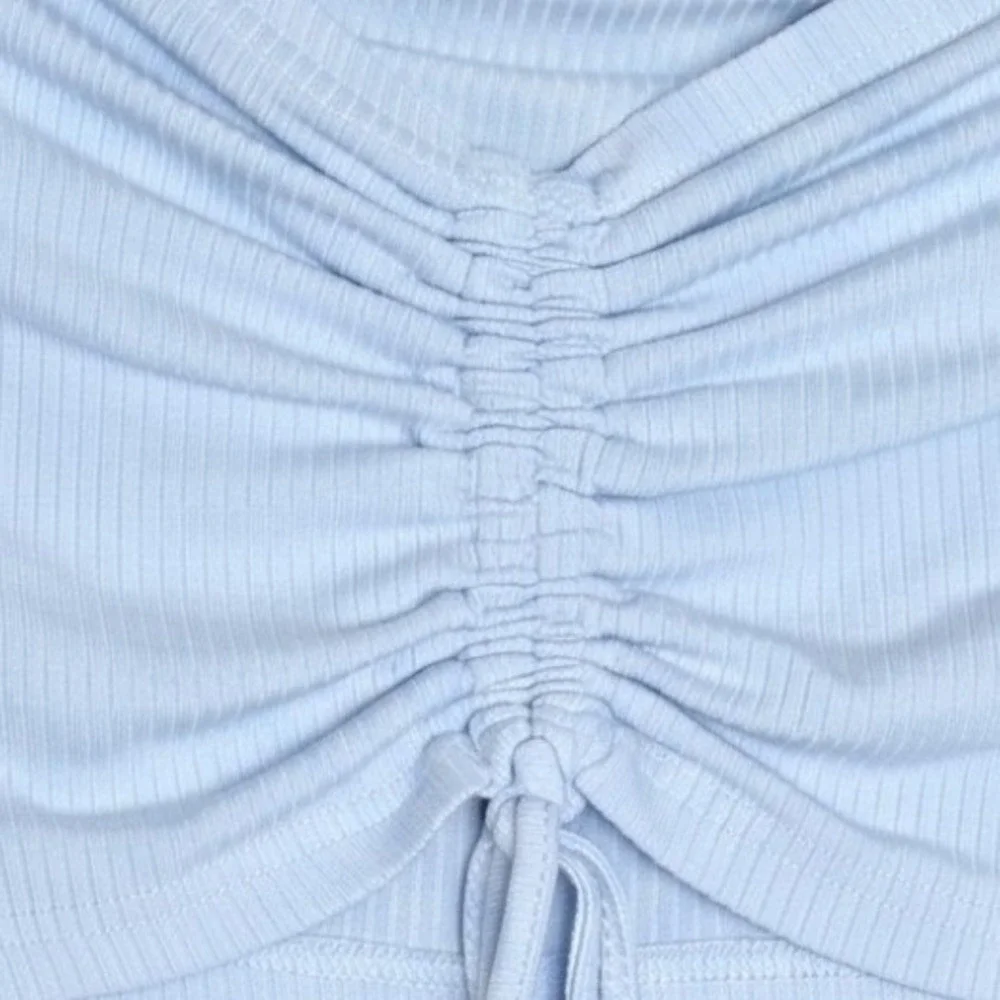 Anthropologie‎ Mable Womens S Light Blue Ribbed Ruched Off Shoulder Crop Top